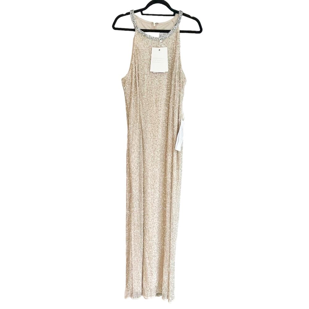 Mac Duggal Beaded Halter Neck Body Skimming Gown Silver Cream Size 6 NWT - Picture 5 of 11